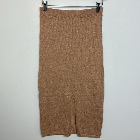 Free People Skyline Front Slit Rib Midi Skirt Stretch‎ Beige Medium - Picture 4 of 8